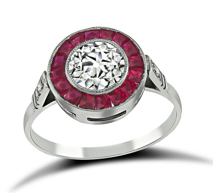 Estate GIA Certified 0.69ct Diamond Ruby Halo Engagement Ring