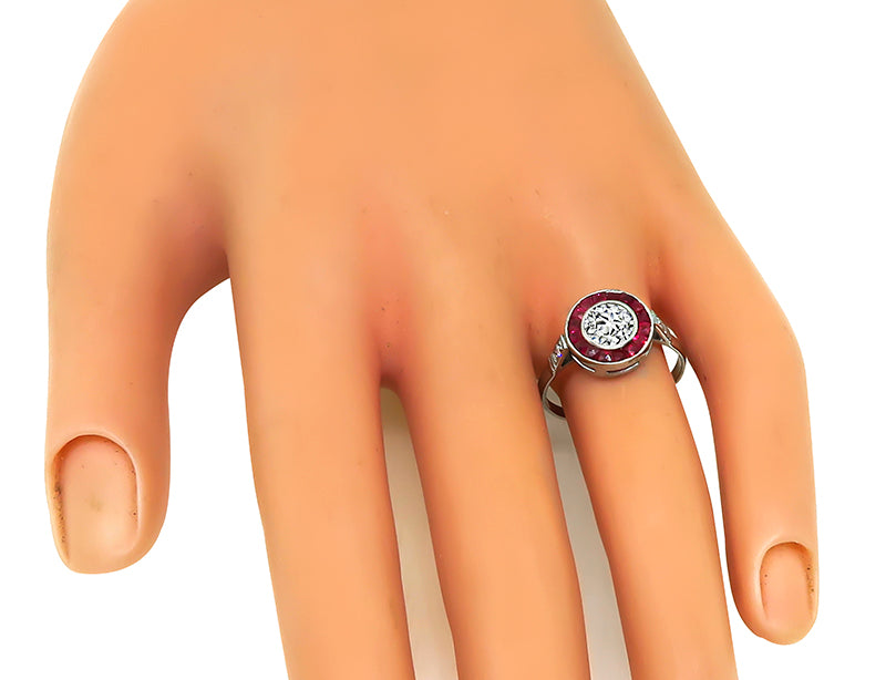 Estate GIA Certified 0.69ct Diamond Ruby Halo Engagement Ring