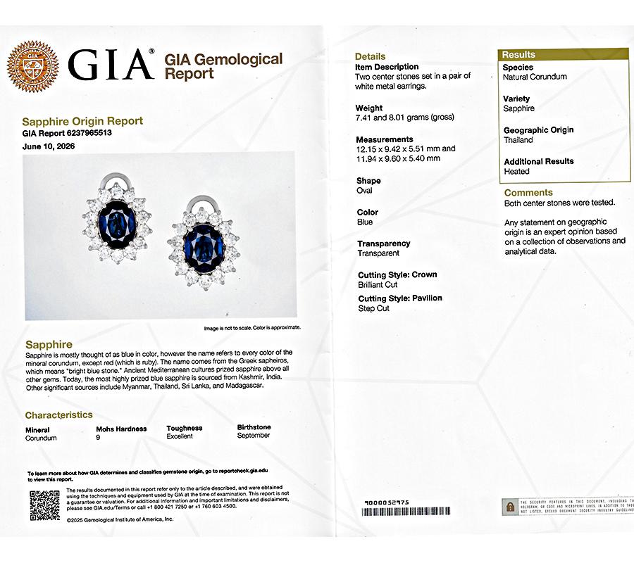 Estate GIA Certified 12.00ct Sapphire 5.00ct Diamond 18k White Gold Earrings