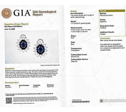 Estate GIA Certified 12.00ct Sapphire 5.00ct Diamond 18k White Gold Earrings