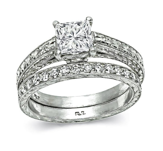 Estate GIA Certified 1.01ct Diamond Engagement Ring and Wedding Band Set
