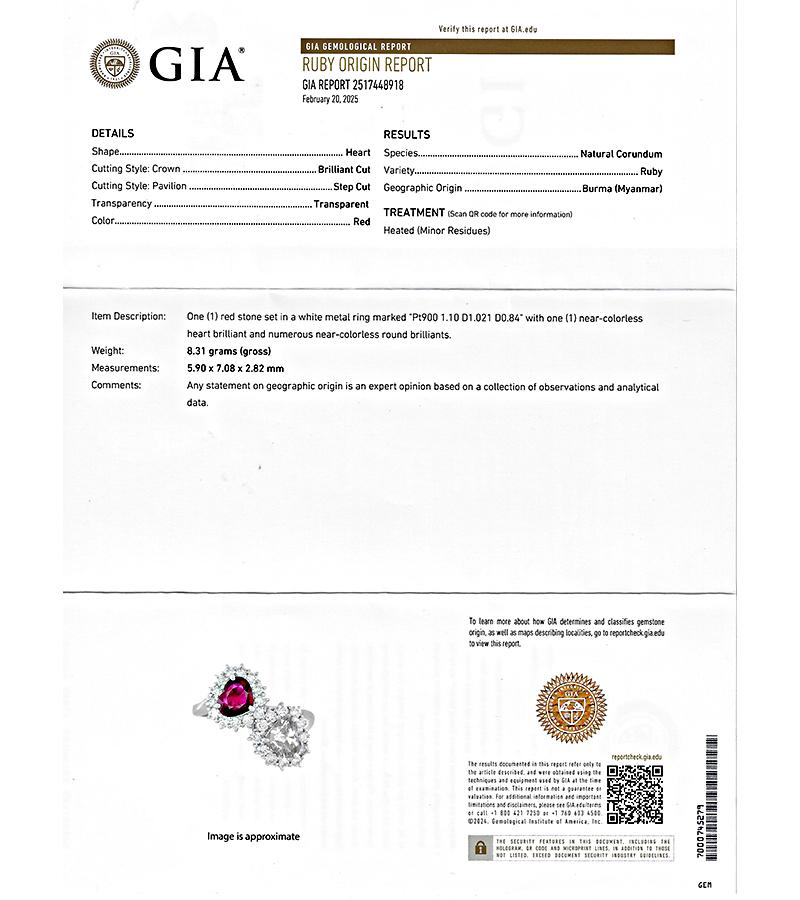 Estate GIA 1.10ct Burma Ruby 1.02ct Diamond Heart Ring