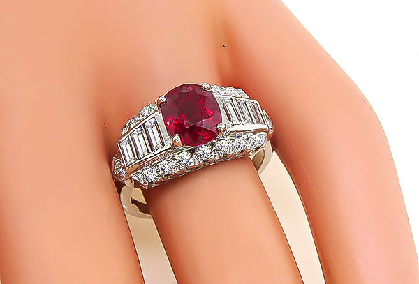 Art Deco GIA Certified 2.11ct Ruby 1.00ct Diamond Engagement Ring