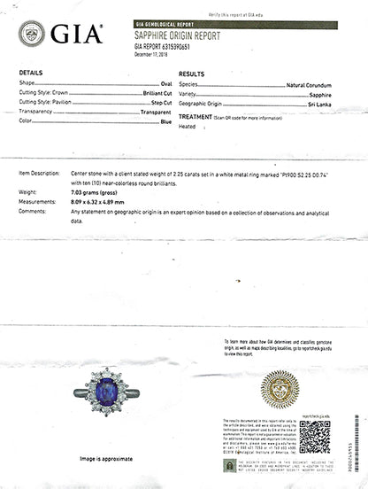 Estate GIA Certified 2.25ct Ceylon Sapphire 0.74ct Diamond Engagement Ring