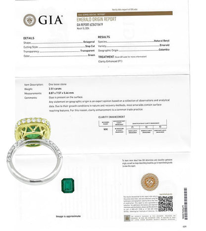 GIA 2.51ct Colombian Emerald 1.50ct Diamond Engagement Ring