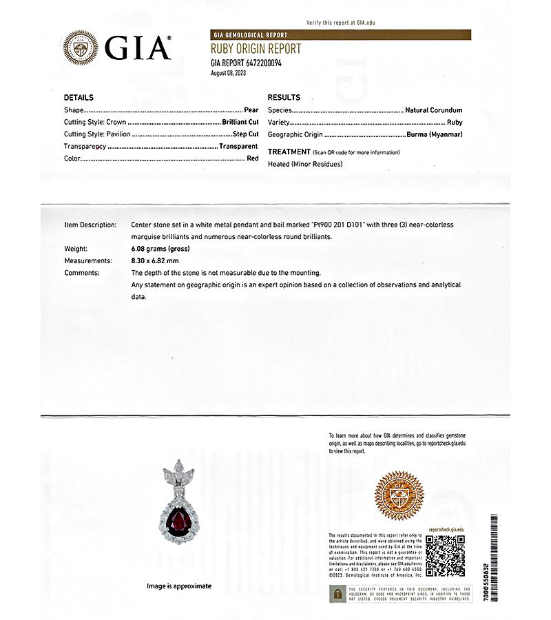Estate GIA Certified 2.01ct Burma Ruby 1.01ct Diamond Pendant Necklace