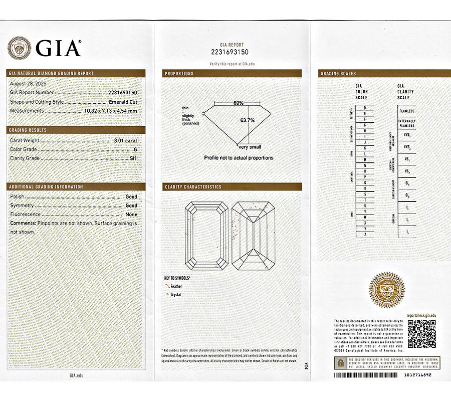 GIA Certified 3.01ct Emerald Cut Diamond 18k Gold Engagement Ring