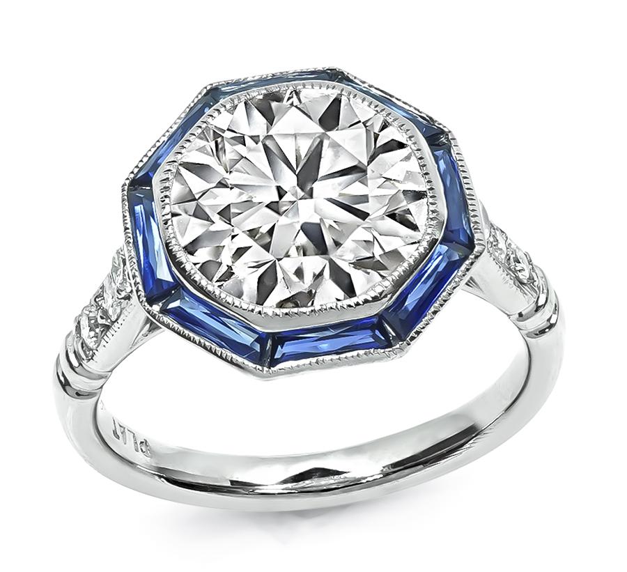 Estate GIA Certified 3.01ct Diamond Sapphire Platinum Engagement Ring
