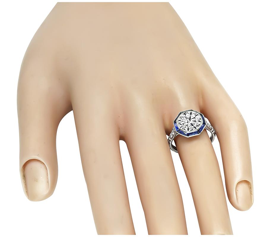 Estate GIA Certified 3.01ct Diamond Sapphire Platinum Engagement Ring