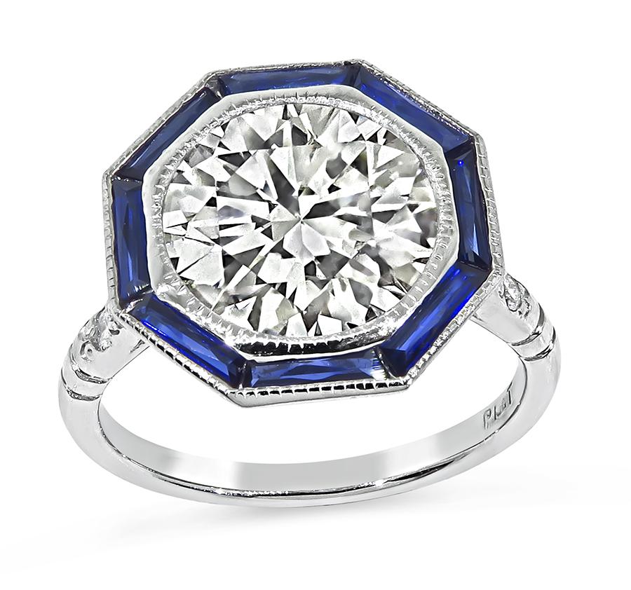 Estate GIA Certified 4.01ct Diamond Sapphire Platinum Engagement Ring