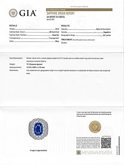 Estate GIA Certified 5.17ct Ceylon Sapphire 2.53ct Diamond Ring