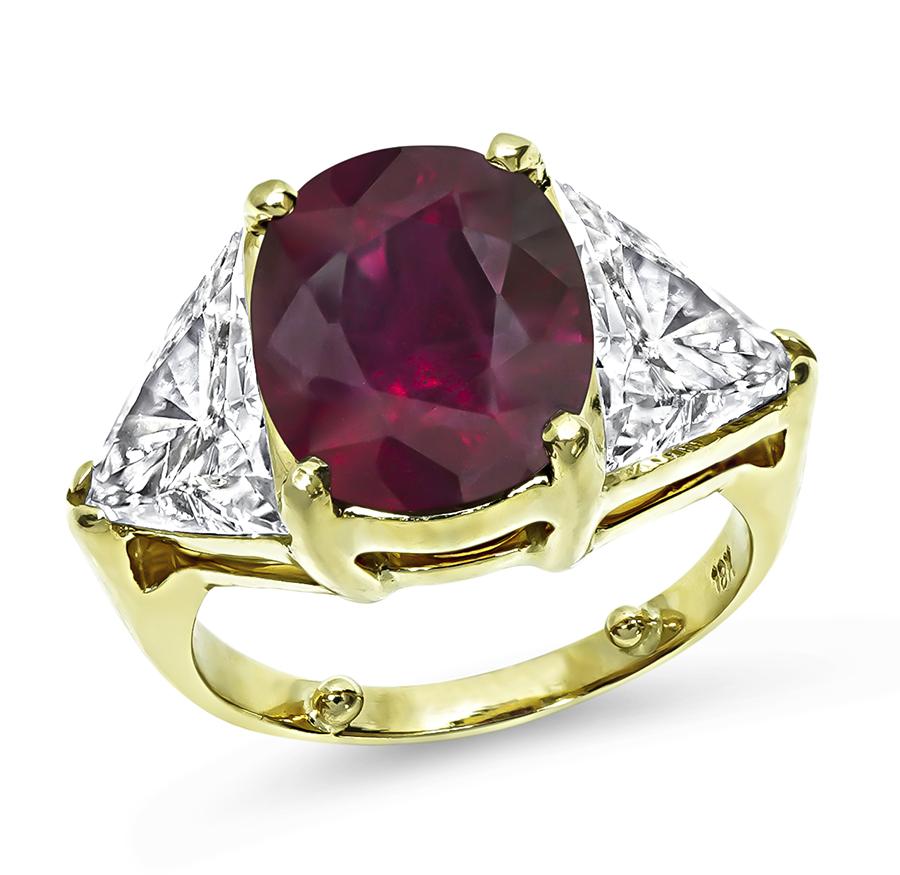 Estate GIA Certified 5.00ct Ruby 3.00ct Diamond 18k Yellow Gold Engagement Ring