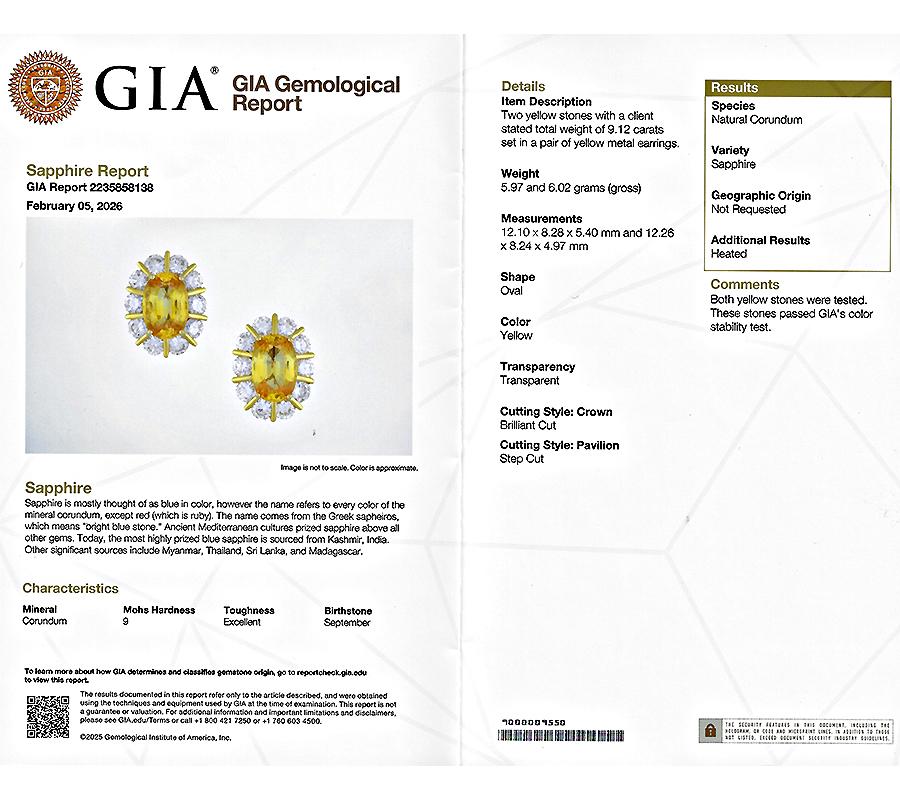Estate GIA Certified 9.12ct Sapphire 4.60ct Diamond 18k Yellow Gold Earrings