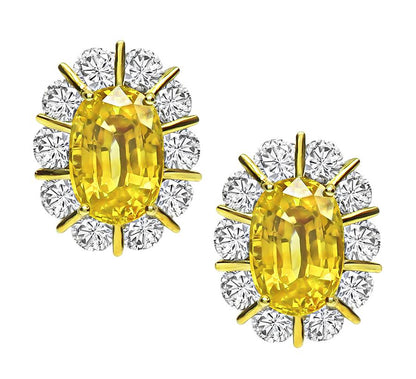Estate GIA Certified 9.12ct Sapphire 4.60ct Diamond 18k Yellow Gold Earrings