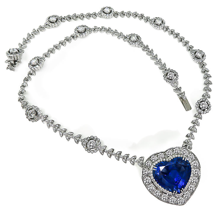 GIA Certified 21.13ct Heart Shape Sapphire 8ct Diamond Platinum Necklace