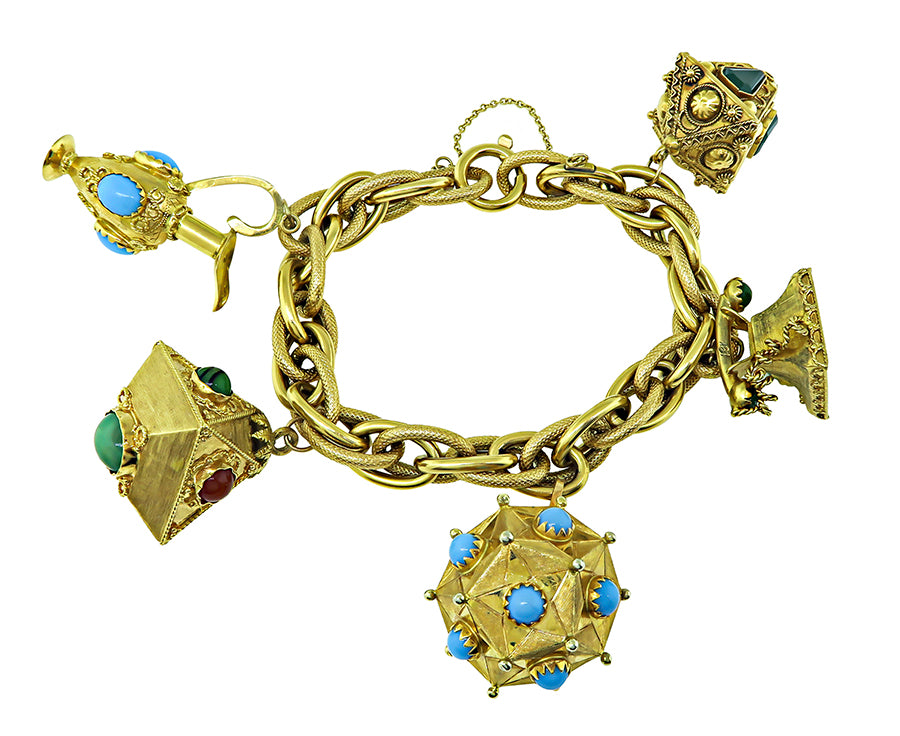Estate Multi Color Gemstone Gold Charm Bracelet