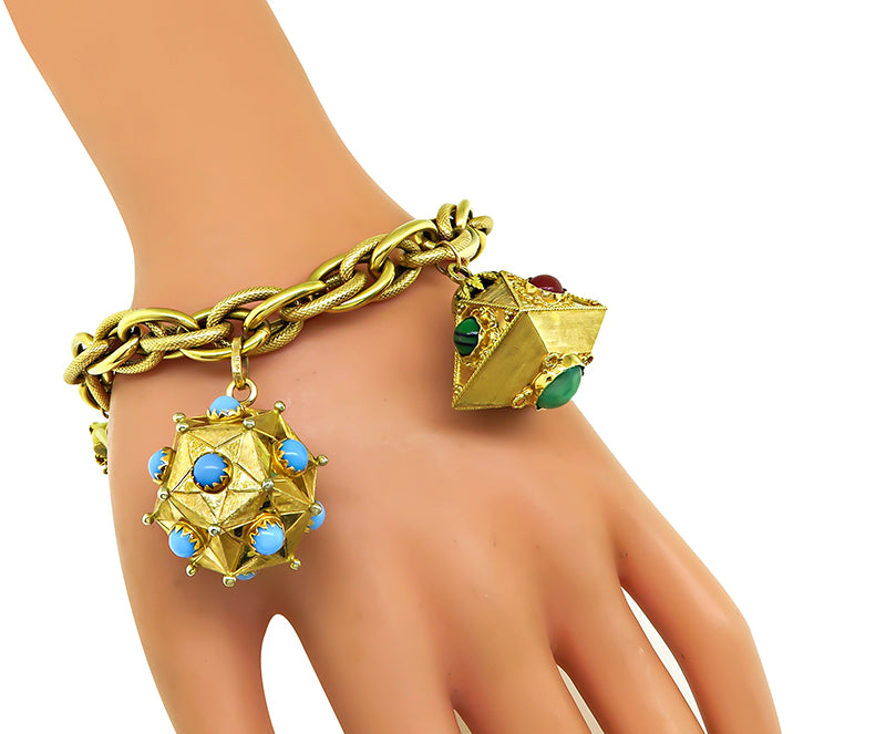 Estate Multi Color Gemstone Gold Charm Bracelet