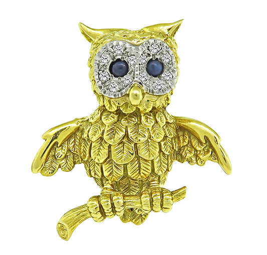 Estate Sapphire Diamond Gold Owl Pin