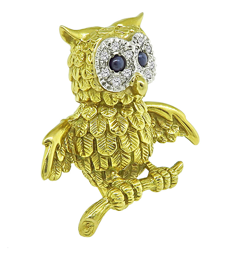 Estate Sapphire Diamond Gold Owl Pin