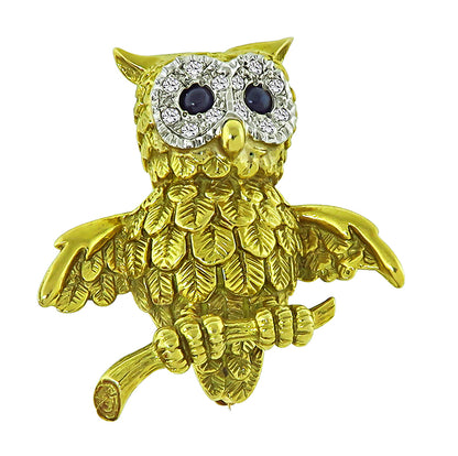 Estate Sapphire Diamond Gold Owl Pin