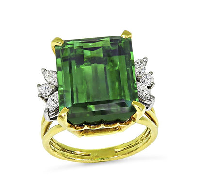 Estate Green Tourmaline 0.50ct Diamond 18k Gold Ring