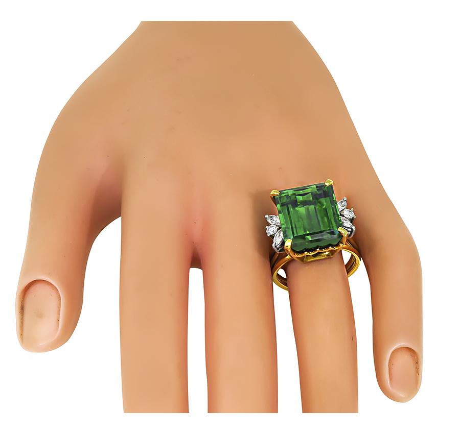 Estate Green Tourmaline 0.50ct Diamond 18k Gold Ring