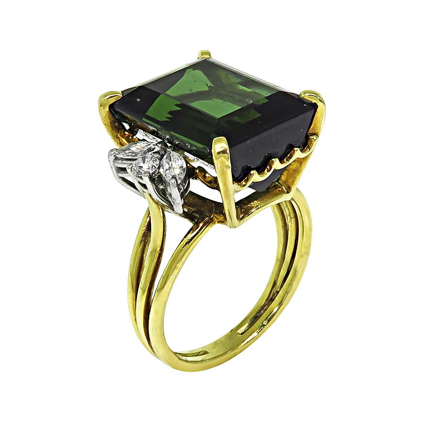 Estate Green Tourmaline 0.50ct Diamond 18k Gold Ring