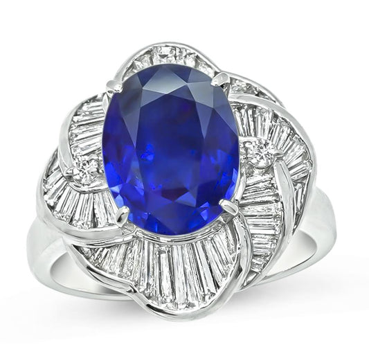 Estate GRS Certified 3.85ct Royal Blue Ceylon Sapphire Diamond Ring
