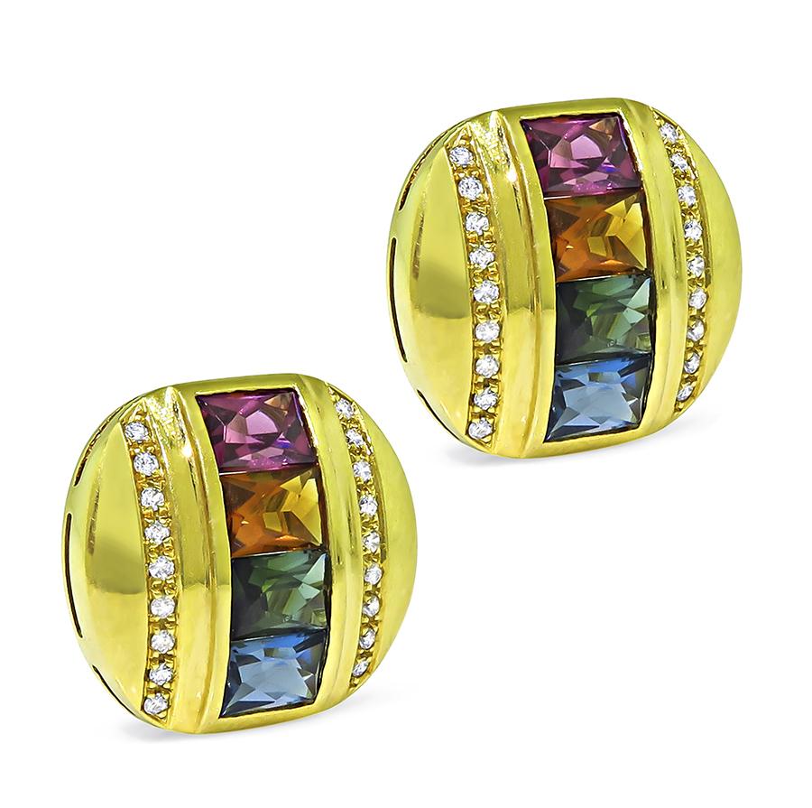 Estate H Stern 6.00ct Multi Color Sapphire Diamond 18k Yellow Gold Earrings