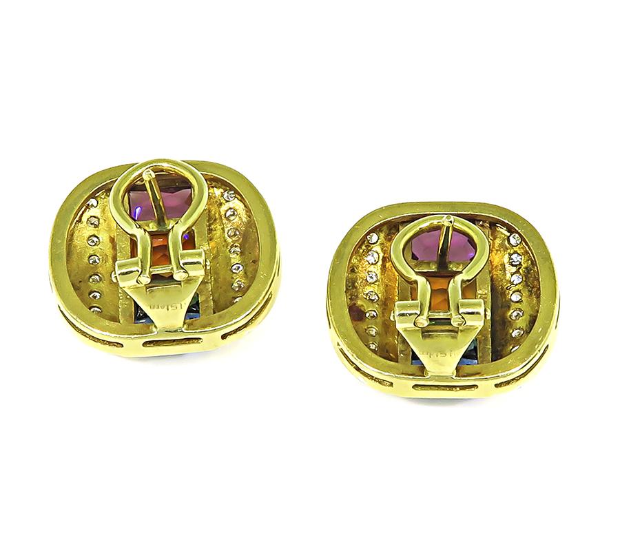 Estate H Stern 6.00ct Multi Color Sapphire Diamond 18k Yellow Gold Earrings
