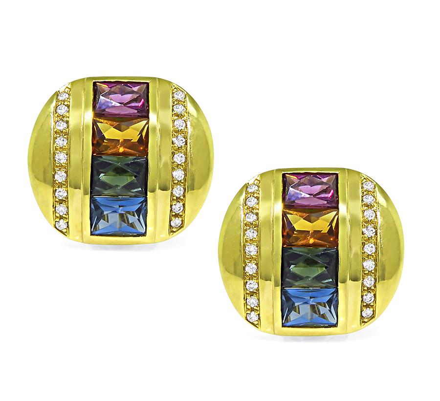 Estate H Stern 6.00ct Multi Color Sapphire Diamond 18k Yellow Gold Earrings