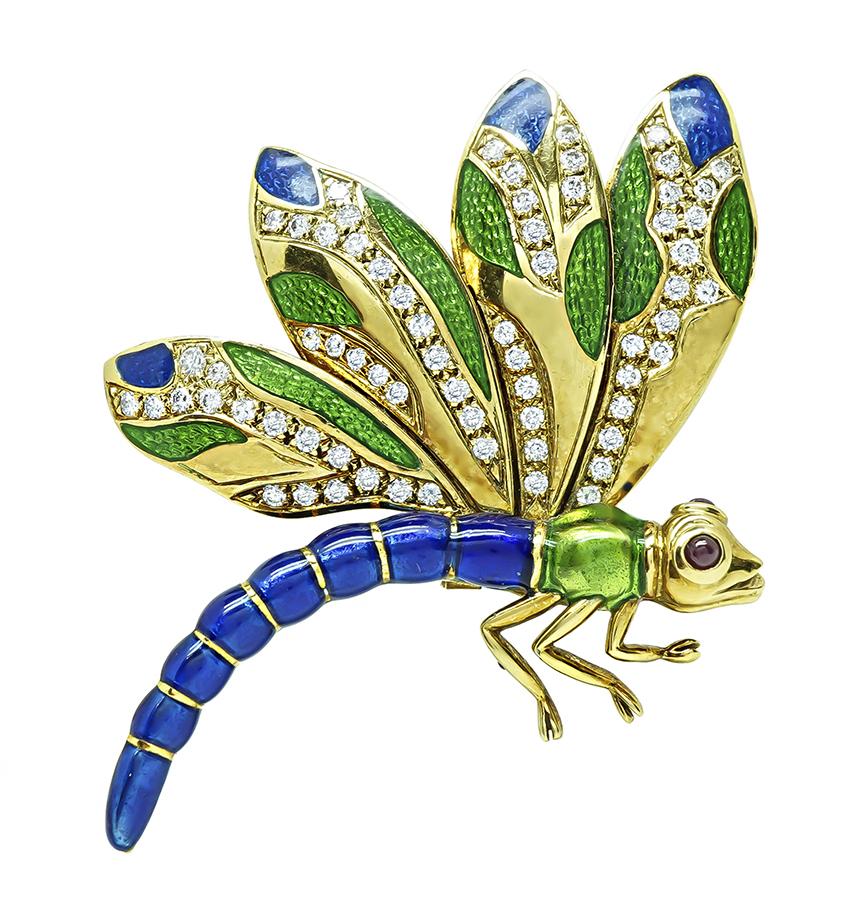 Estate Judith Lieber 2.00ct Diamond Enamel Gold Dragonfly Pin