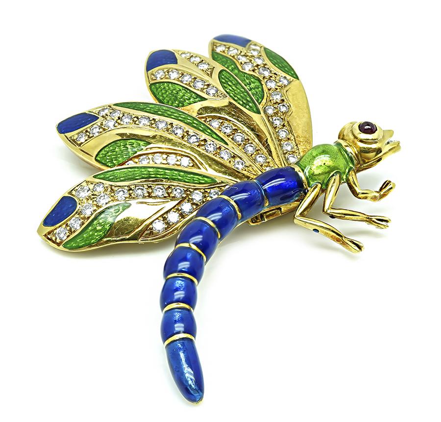 Estate Judith Lieber 2.00ct Diamond Enamel Gold Dragonfly Pin