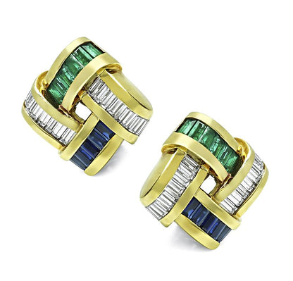Estate Krypell 2.00ct Diamond 0.95ct Emerald 0.85ct Sapphire Earrings