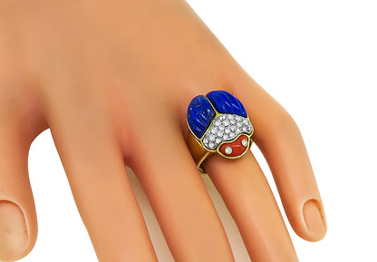 Estate 0.66ct Diamond Lapis Coral Gold Scarab Ring