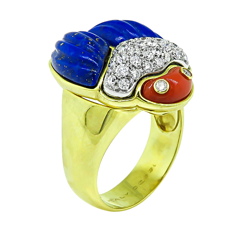 Estate 0.66ct Diamond Lapis Coral Gold Scarab Ring