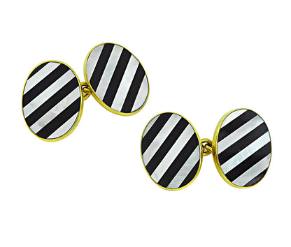 Estate Mother of Pearl Onyx Gold Cufflinks