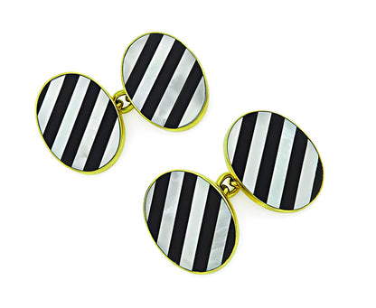 Estate Mother of Pearl Onyx Gold Cufflinks
