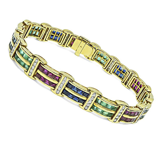 Estate 1.50ct Diamond 4.40ct Multi Color Precious Gemstone Gold Bracelet