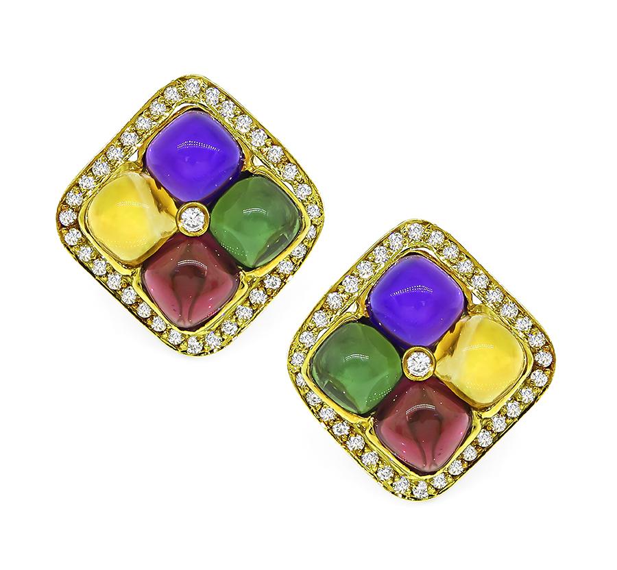 Estate 16.00ct Multi Color Gemstone 1.40ct Diamond 18k Gold Earrings