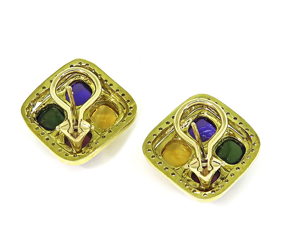Estate 16.00ct Multi Color Gemstone 1.40ct Diamond 18k Gold Earrings