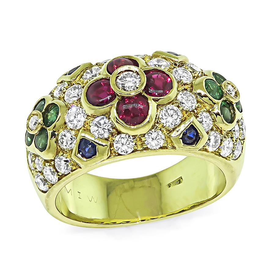 Estate 1.30ct Diamond Ruby Emerald and Sapphire 18k Yellow Gold Ring