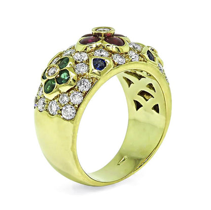 Estate 1.30ct Diamond Ruby Emerald and Sapphire 18k Yellow Gold Ring