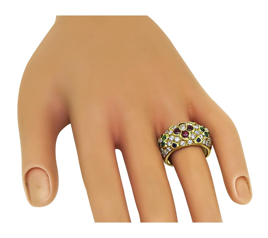 Estate 1.30ct Diamond Ruby Emerald and Sapphire 18k Yellow Gold Ring