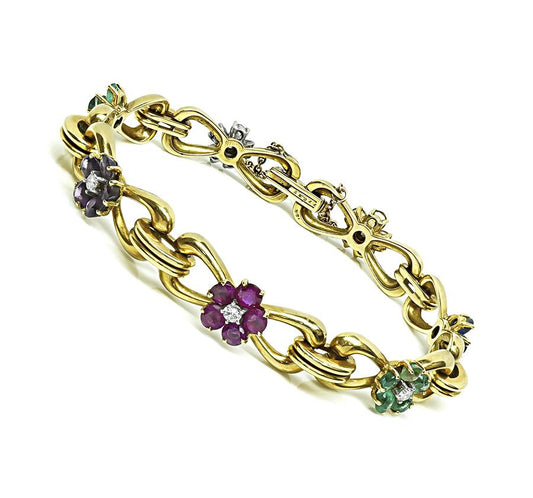 Estate 4.50ct Multi Color Gemstone 0.90ct Diamond 18k Yellow Gold Bracelet