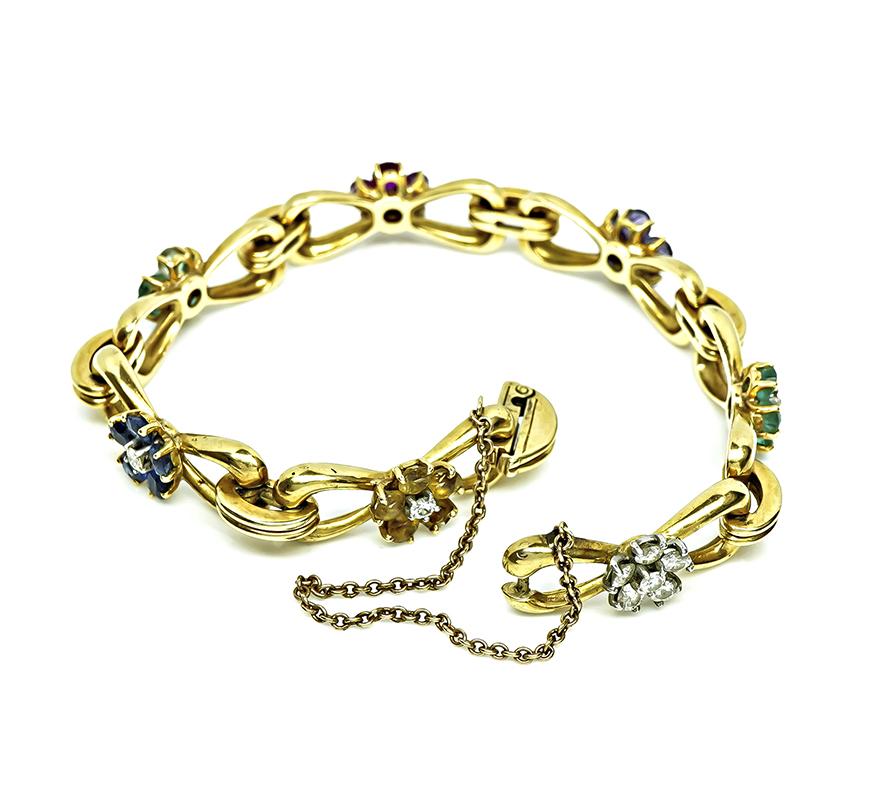 Estate 4.50ct Multi Color Gemstone 0.90ct Diamond 18k Yellow Gold Bracelet