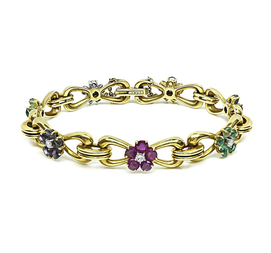 Estate 4.50ct Multi Color Gemstone 0.90ct Diamond 18k Yellow Gold Bracelet