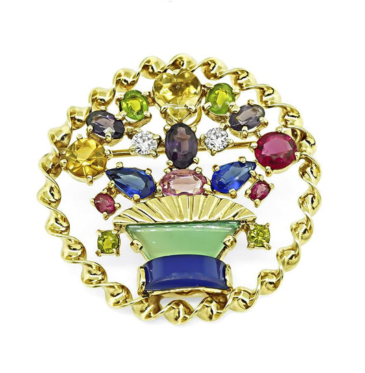 Estate Multi Color Gemstone Gold Pin / Pendant