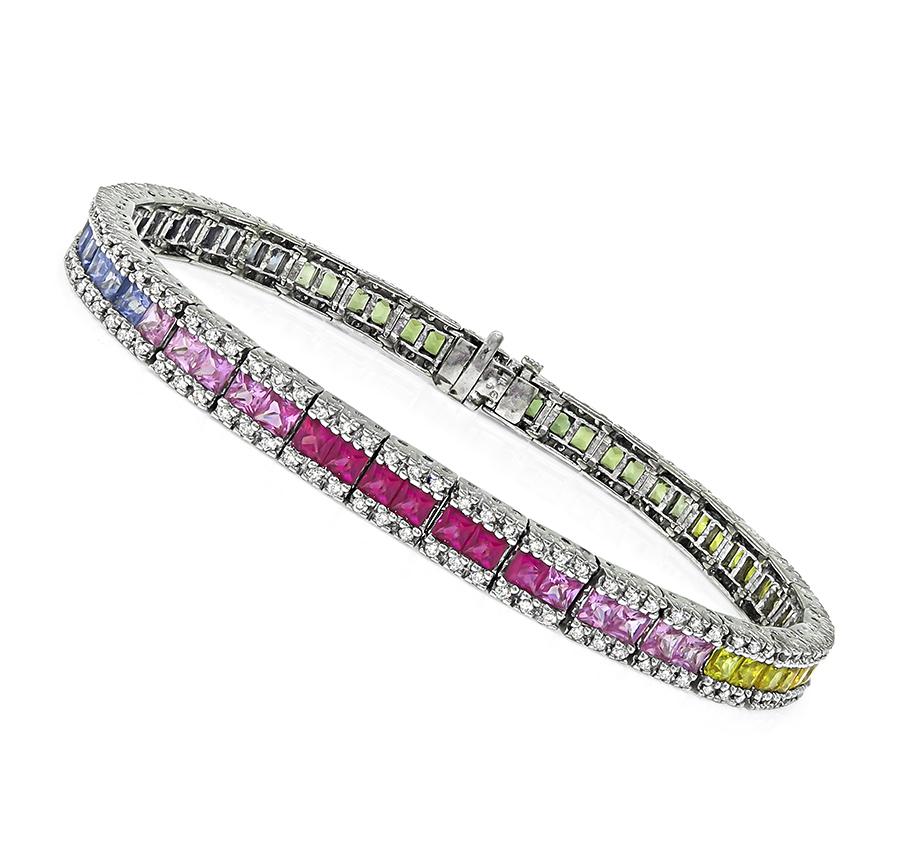 Estate 7.00ct Multi Color Sapphire 2.50ct Diamond 14k White Gold Bracelet
