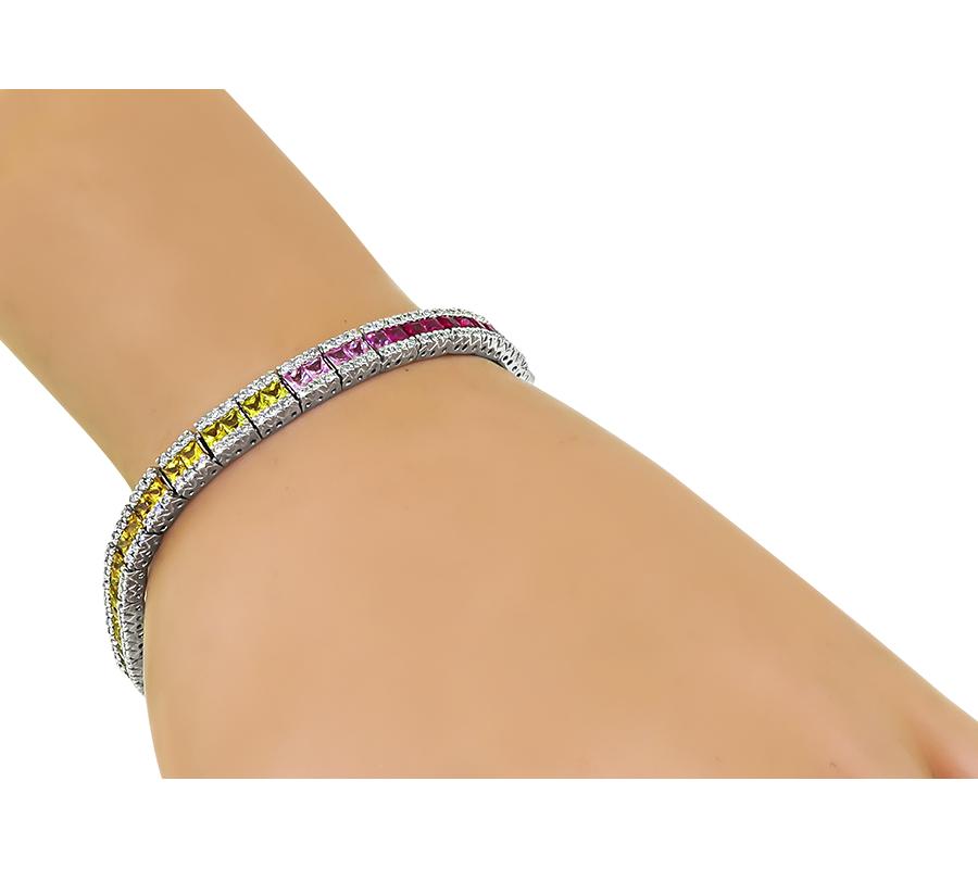 Estate 7.00ct Multi Color Sapphire 2.50ct Diamond 14k White Gold Bracelet
